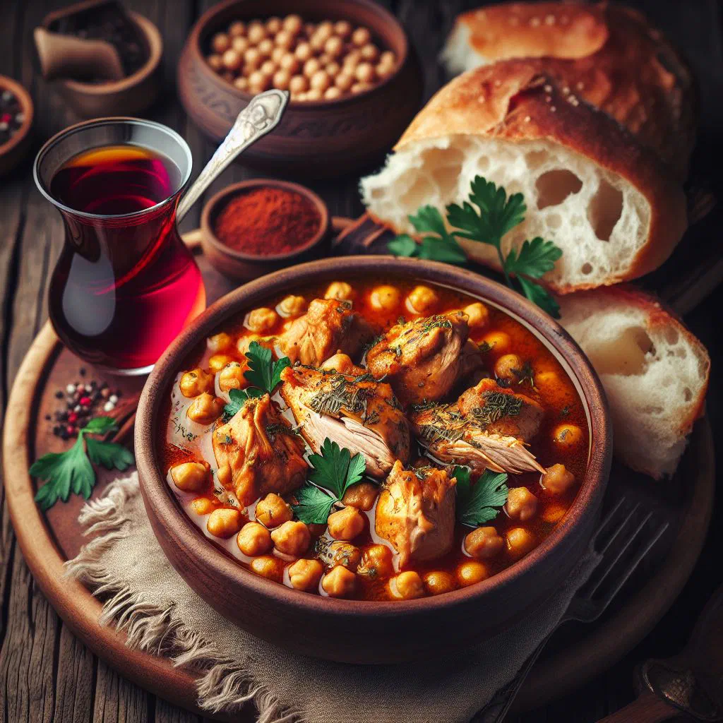 Turkish tavuklu nohut chicken and chickpea stew garnished with fresh parsley