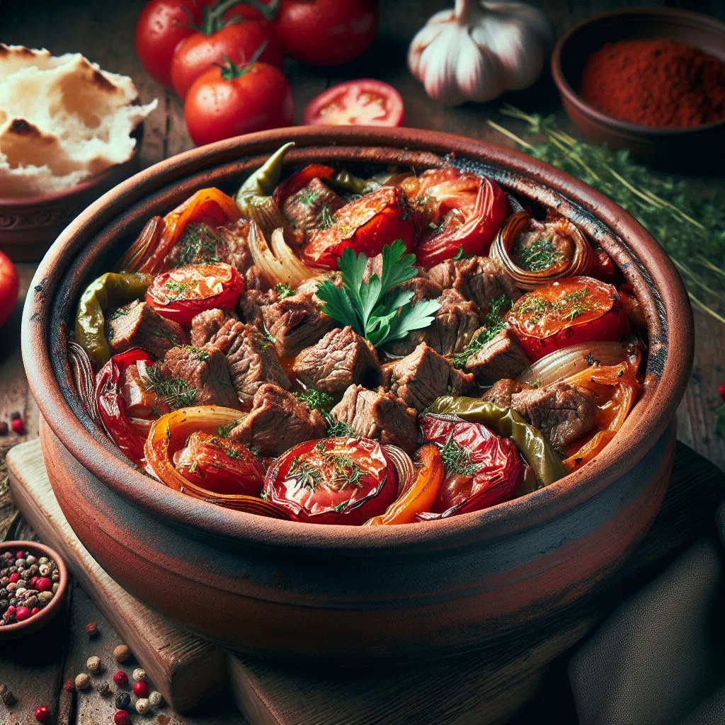Çömlek kebabı of slow-cooked meat and vegetables served in an earthenware clay pot