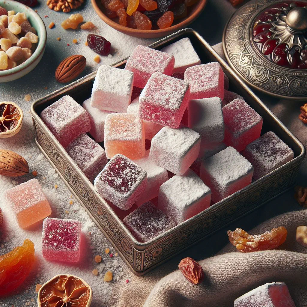 Soft Erzincan lokum cubes dusted with icing sugar and studded with nuts