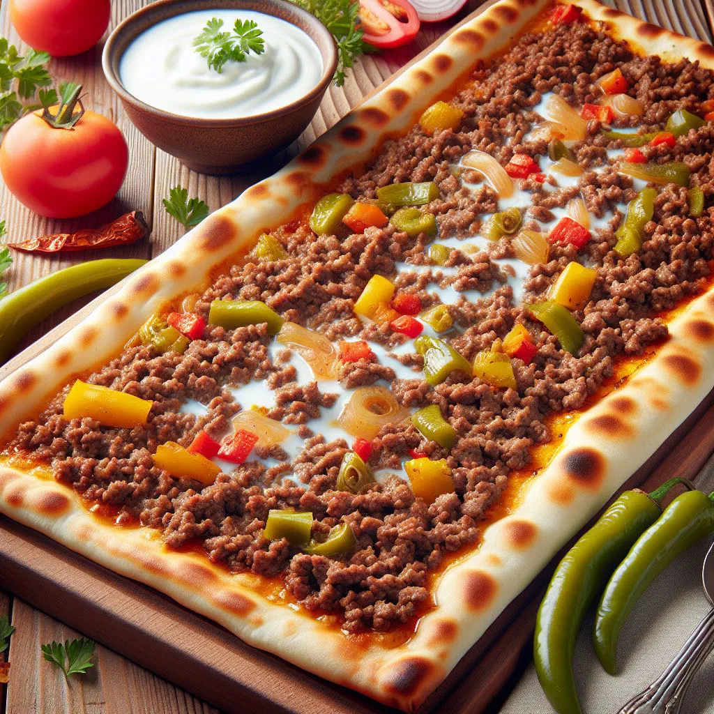 Long Turkish etli ekmek flatbread topped with spiced minced meat and parsley