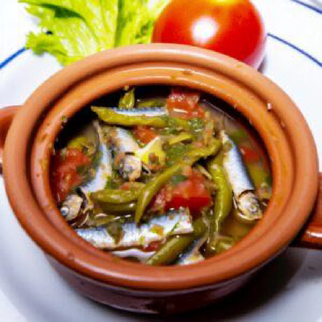 Steamed anchovies with onions, tomatoes and fresh herbs in a pan