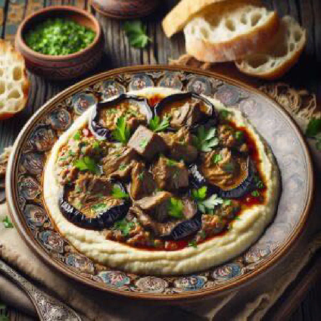 Hünkar Beğendi with braised lamb on creamy aubergine purée, garnished with parsley