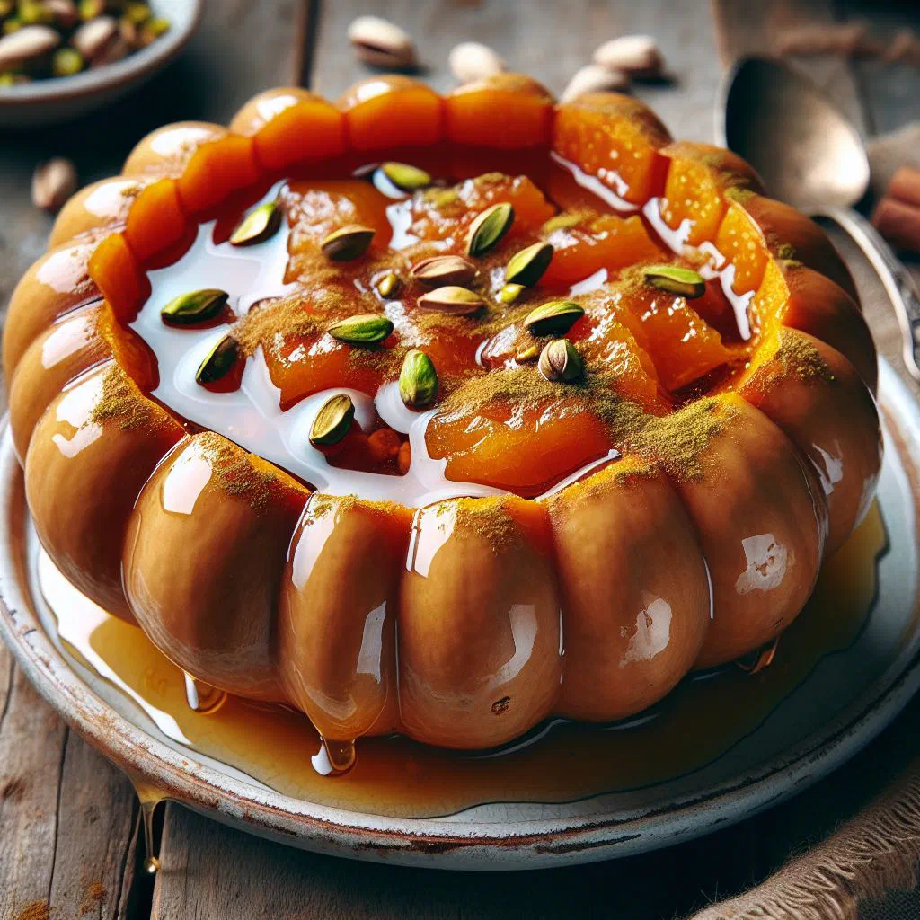 Candied pumpkin dessert topped with chopped walnuts in a bowl