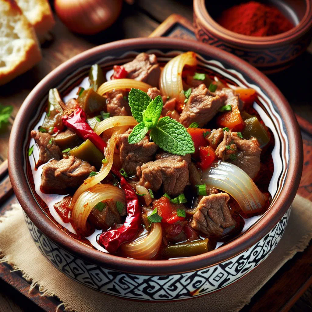 Slow-cooked Turkish kavurma with tender meat and peppers, garnished with parsley