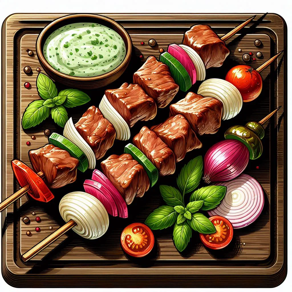 Grilled Turkish lamb skewers garnished with fresh herbs
