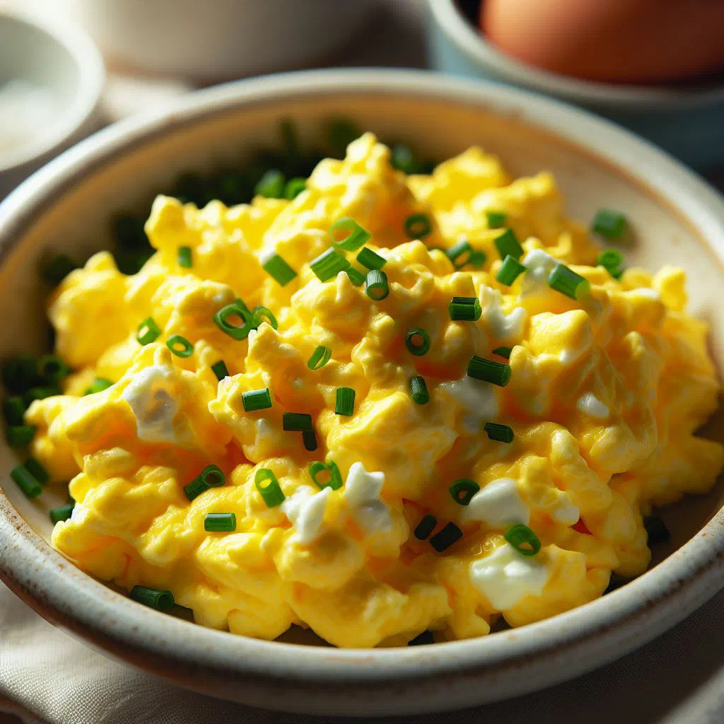 Menemen of scrambled eggs with tomatoes and green peppers in a pan