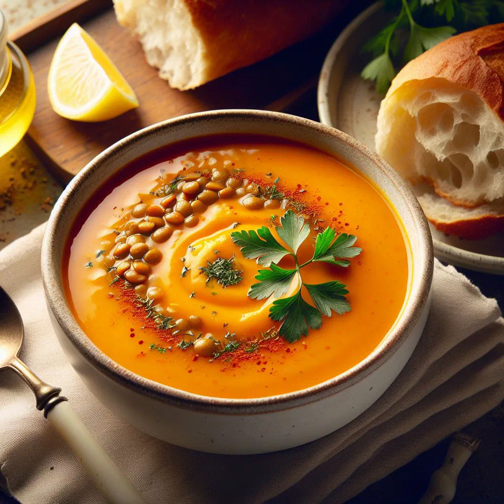 A bowl of creamy Turkish red lentil soup garnished with parsley and a wedge of lemon