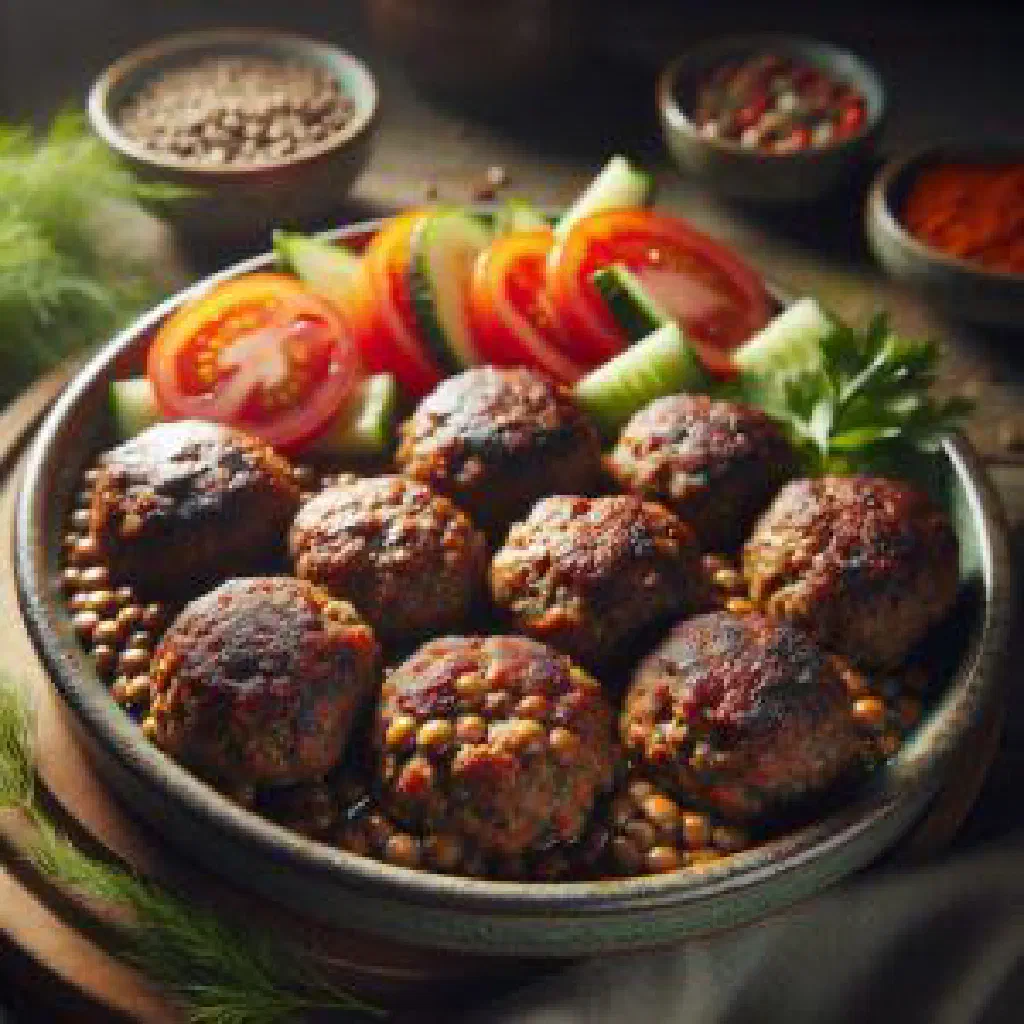 Mercimek köftesi lentil patties on lettuce leaves with lemon wedges