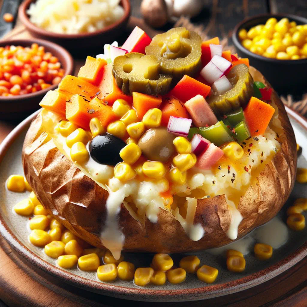 Baked stuffed potatoes with cornmeal, feta and vegetables garnished with fresh herbs