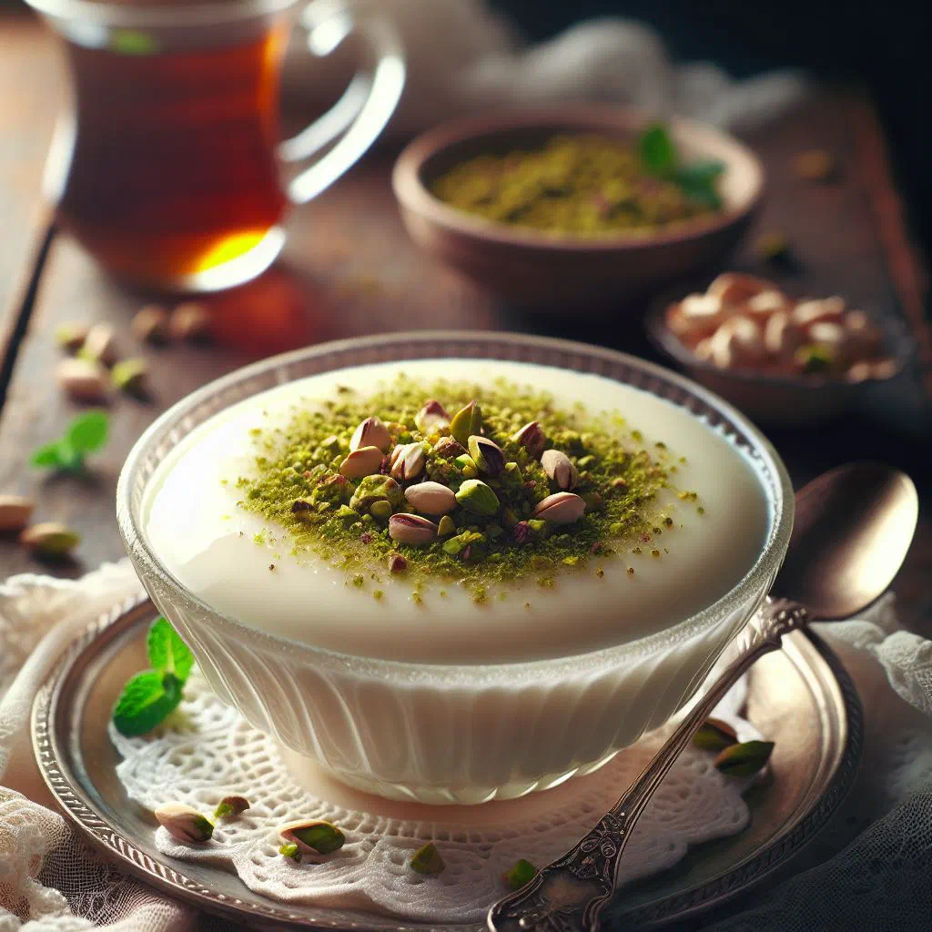 Bowls of muhallebi milk pudding topped with chopped pistachios