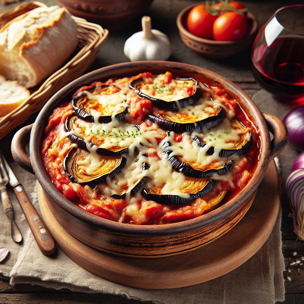 Olive oil braised aubergines with tomatoes garnished with fresh parsley
