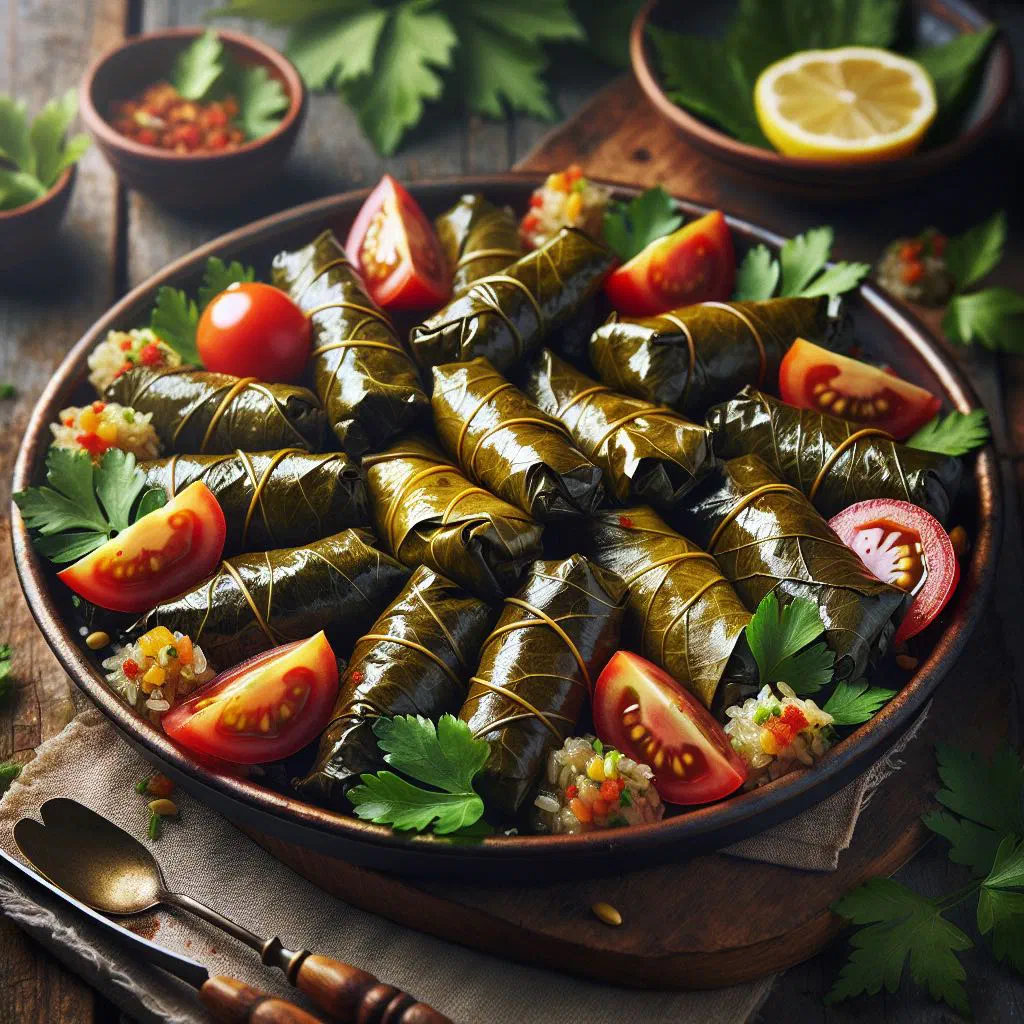 Stuffed peppers slowly cooked in olive oil, garnished with fresh herbs