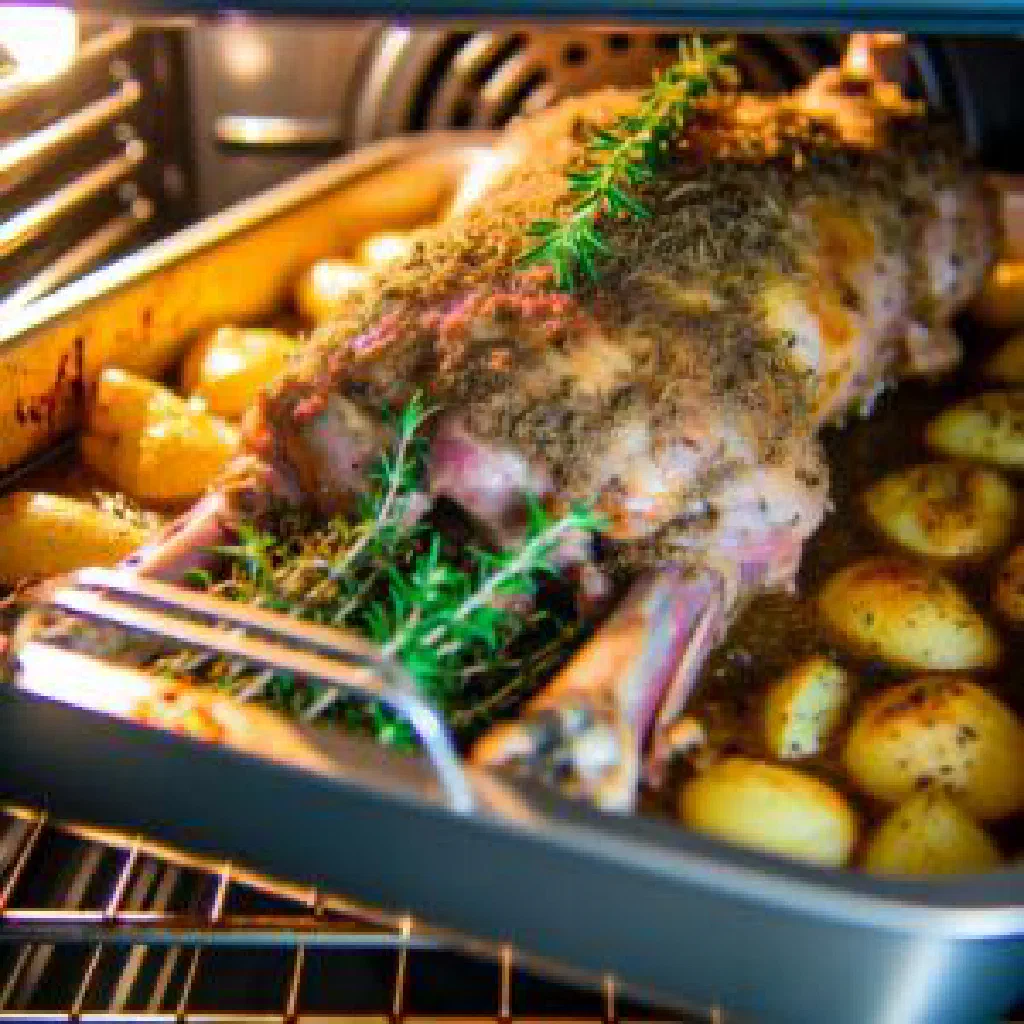 Tender oven-roasted lamb with tomatoes, carrots and fresh herbs