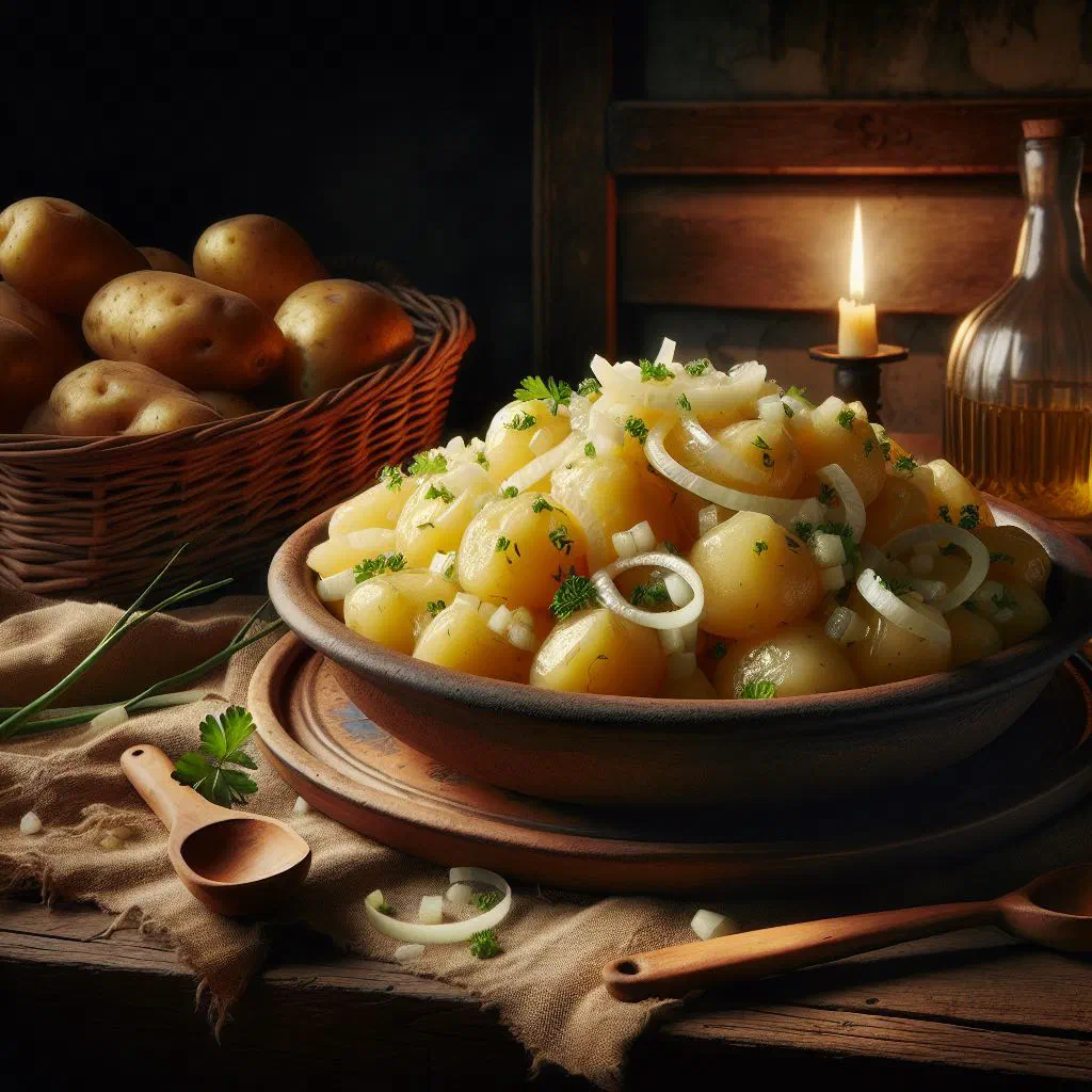 Turkish potato salad with onions, cucumber and fresh parsley in a bowl