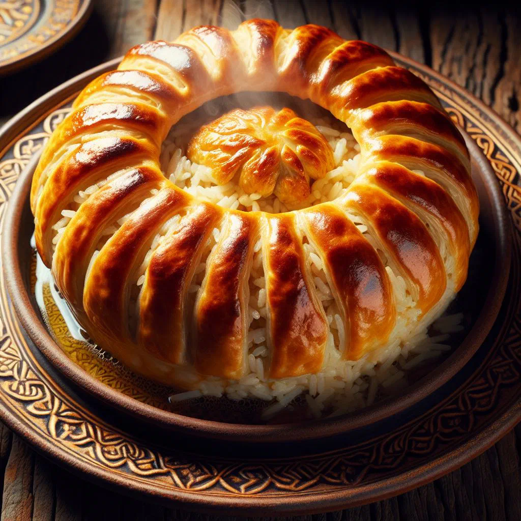 Perde Pilavı, a domed rice and meat dish baked in a golden pastry crust