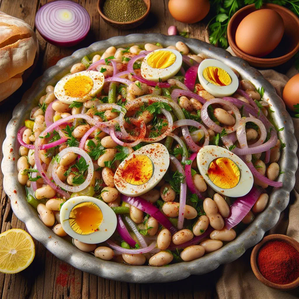 Turkish piyaz white bean salad with onion, parsley and a tahini dressing
