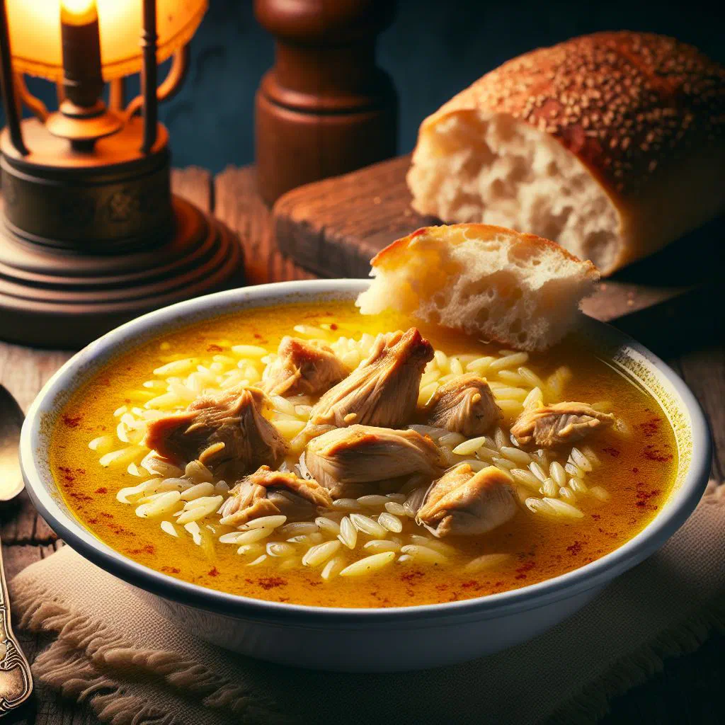 Bowl of Turkish chicken vermicelli soup with carrots and fresh herbs