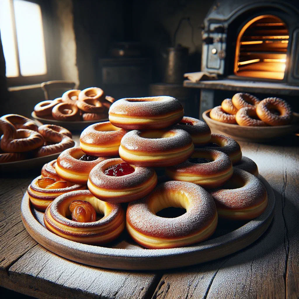 Golden sesame-crusted simit bread rings on a wooden board
