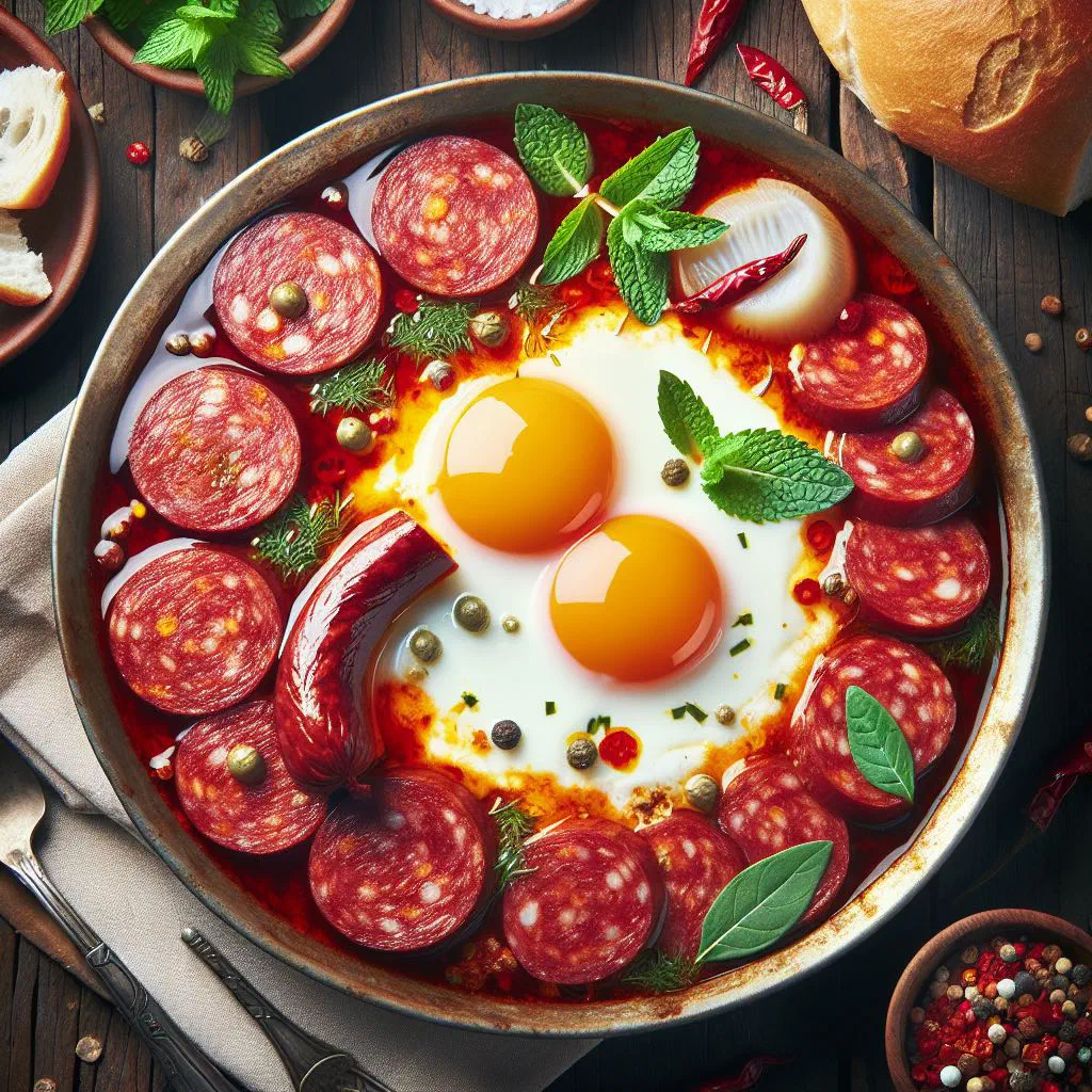 Sucuklu yumurta with sliced spicy sausage and fried eggs in a pan