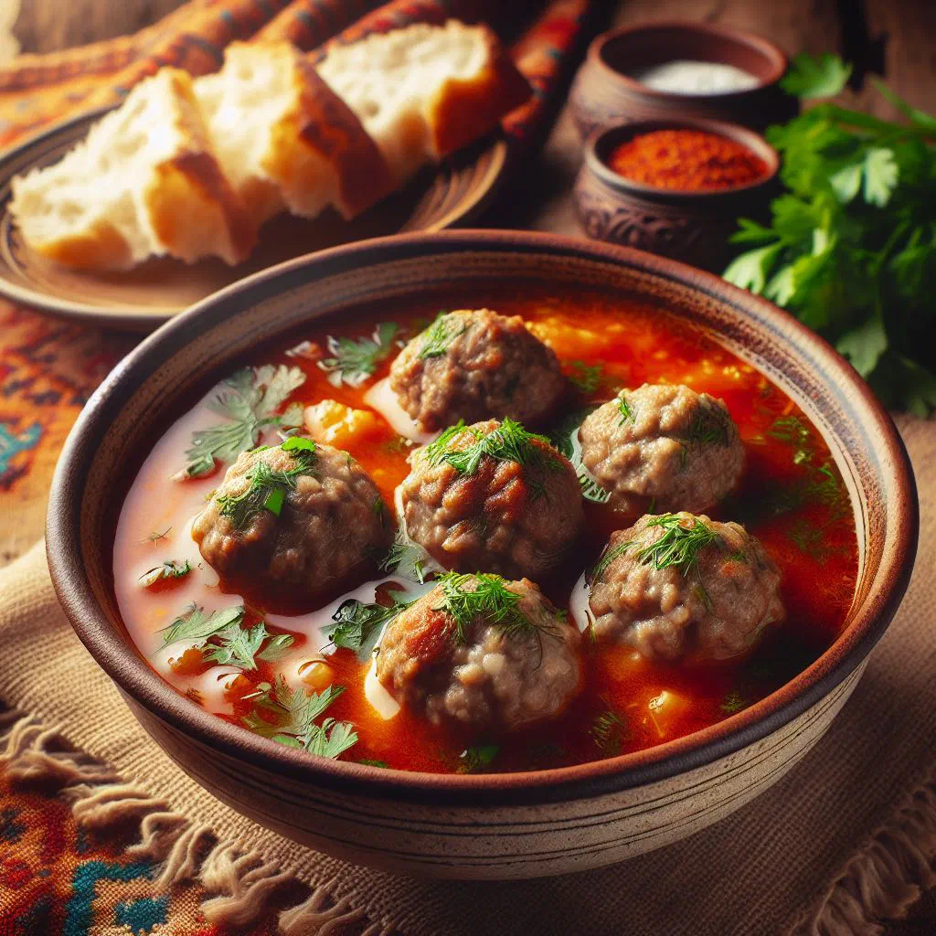 Turkish sulu köfte meatballs simmering in a rich tomato and vegetable sauce