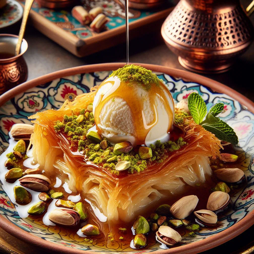 Golden baked tel kadayıf pastry soaked in syrup and topped with chopped nuts