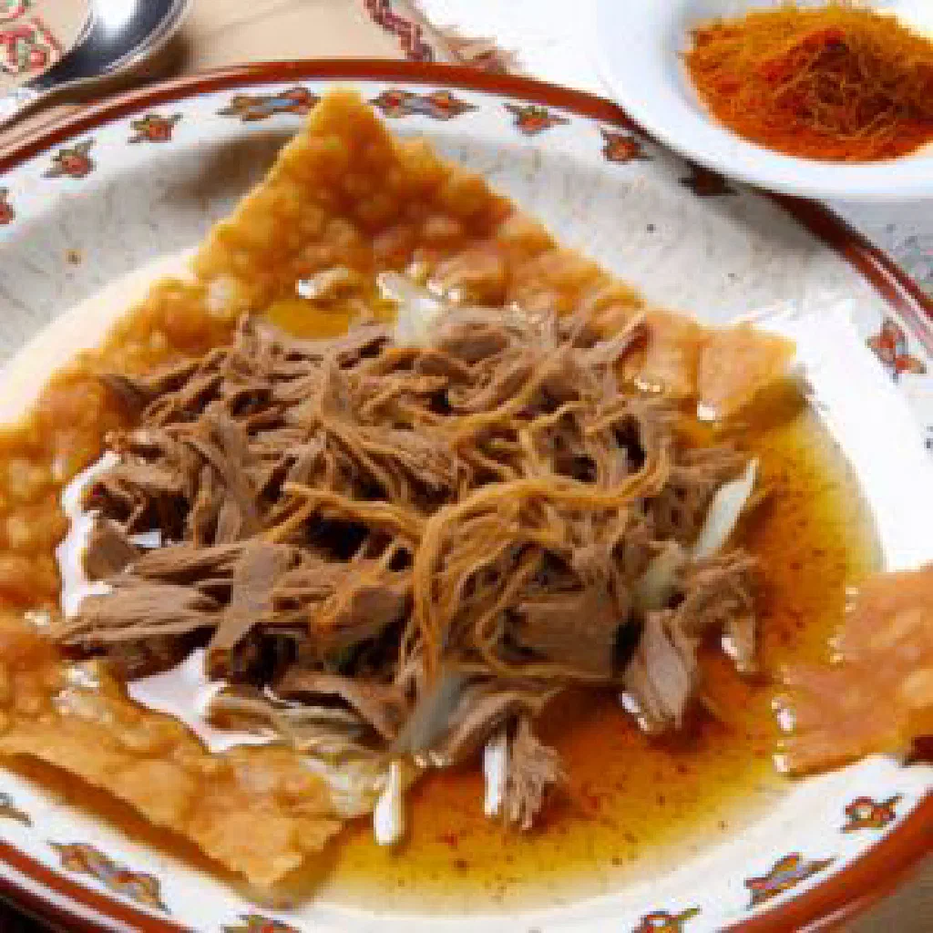 Tirit with tender meat over broth-soaked bread, topped with yoghurt and parsley