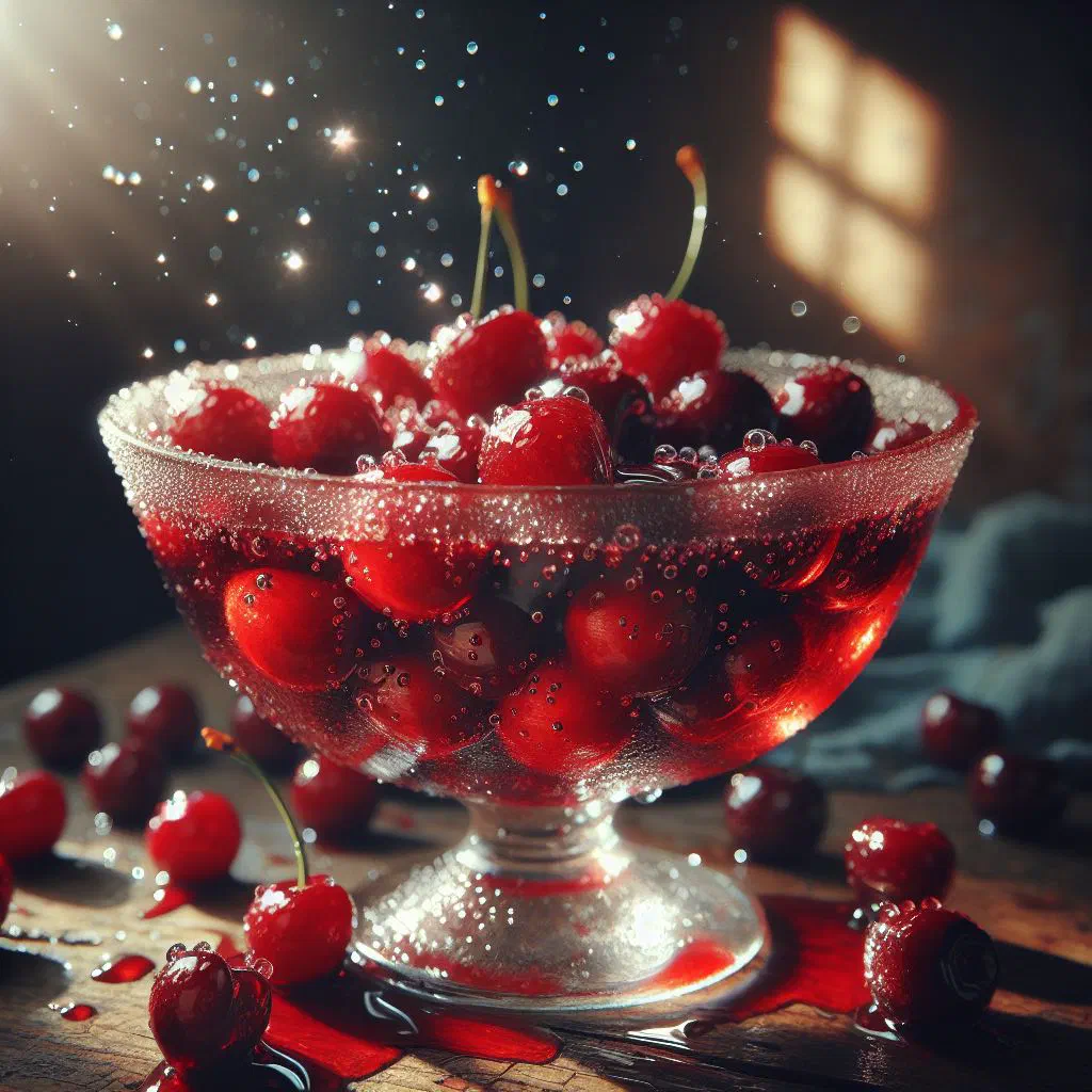 Chilled sour cherry compote served in a glass with whole cherries