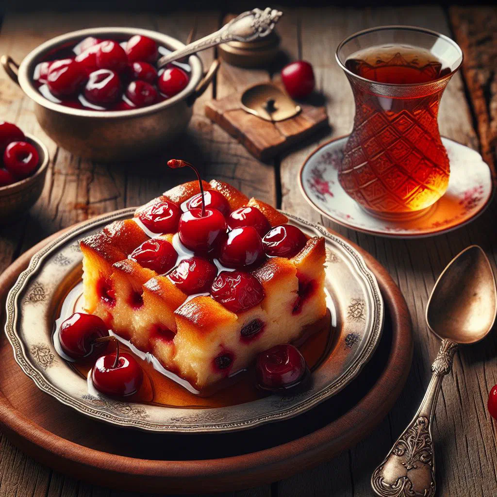 Vişneli ekmek tatlısı with syrup-soaked bread and sour cherries in a dessert bowl
