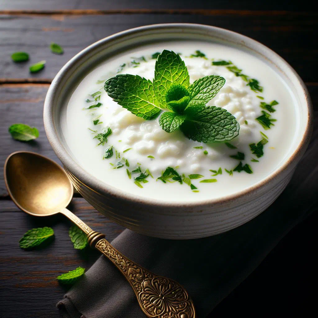 A bowl of creamy Turkish yogurt soup drizzled with olive oil and garnished with mint