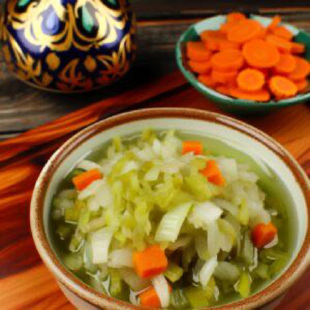 Braised leeks and carrots in olive oil, garnished with lemon