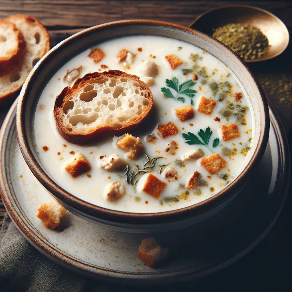 Bowl of Turkmen ak bugday corba soup with lamb, rice and fresh herbs