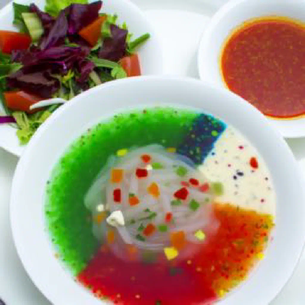 Bowl of Ashlyan Fu soup with tender meat, vegetables and fresh herbs