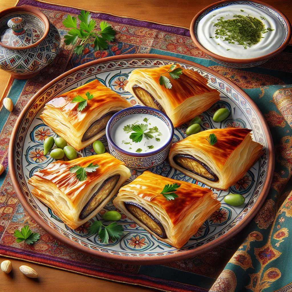 Golden, crisp bademjan börek pastries filled with spiced aubergine