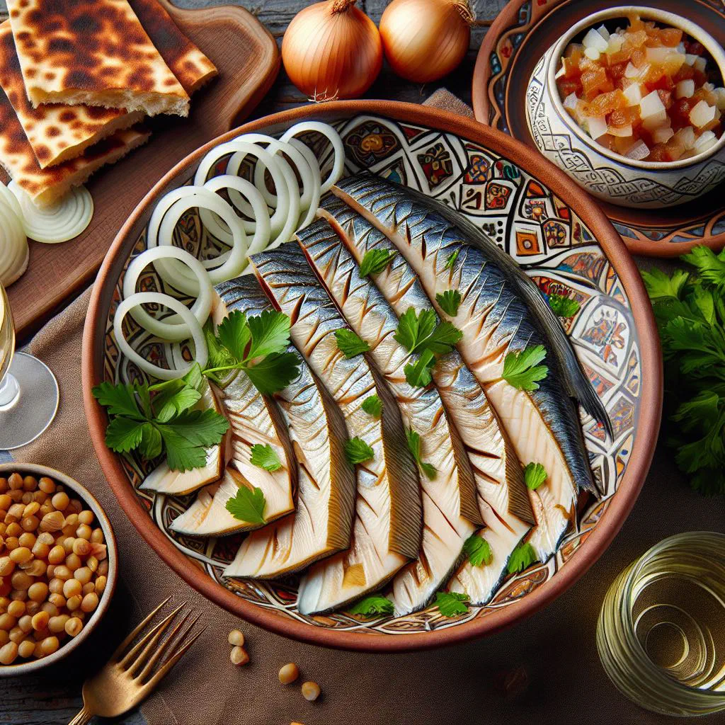 Pan-fried fish with golden onion rings and fresh herbs on a plate
