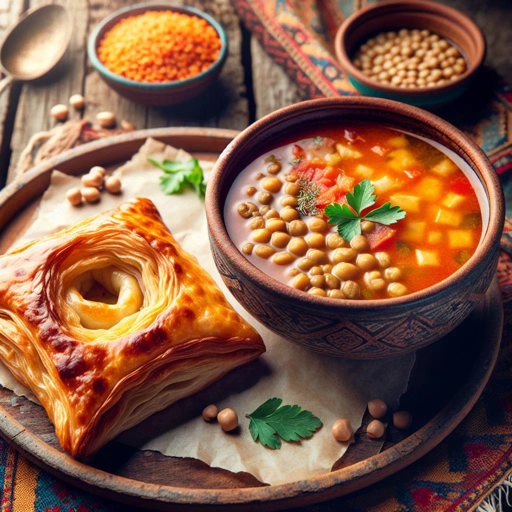 Bowl of Börek Çorba with meat-filled dumplings in a clear broth garnished with parsley