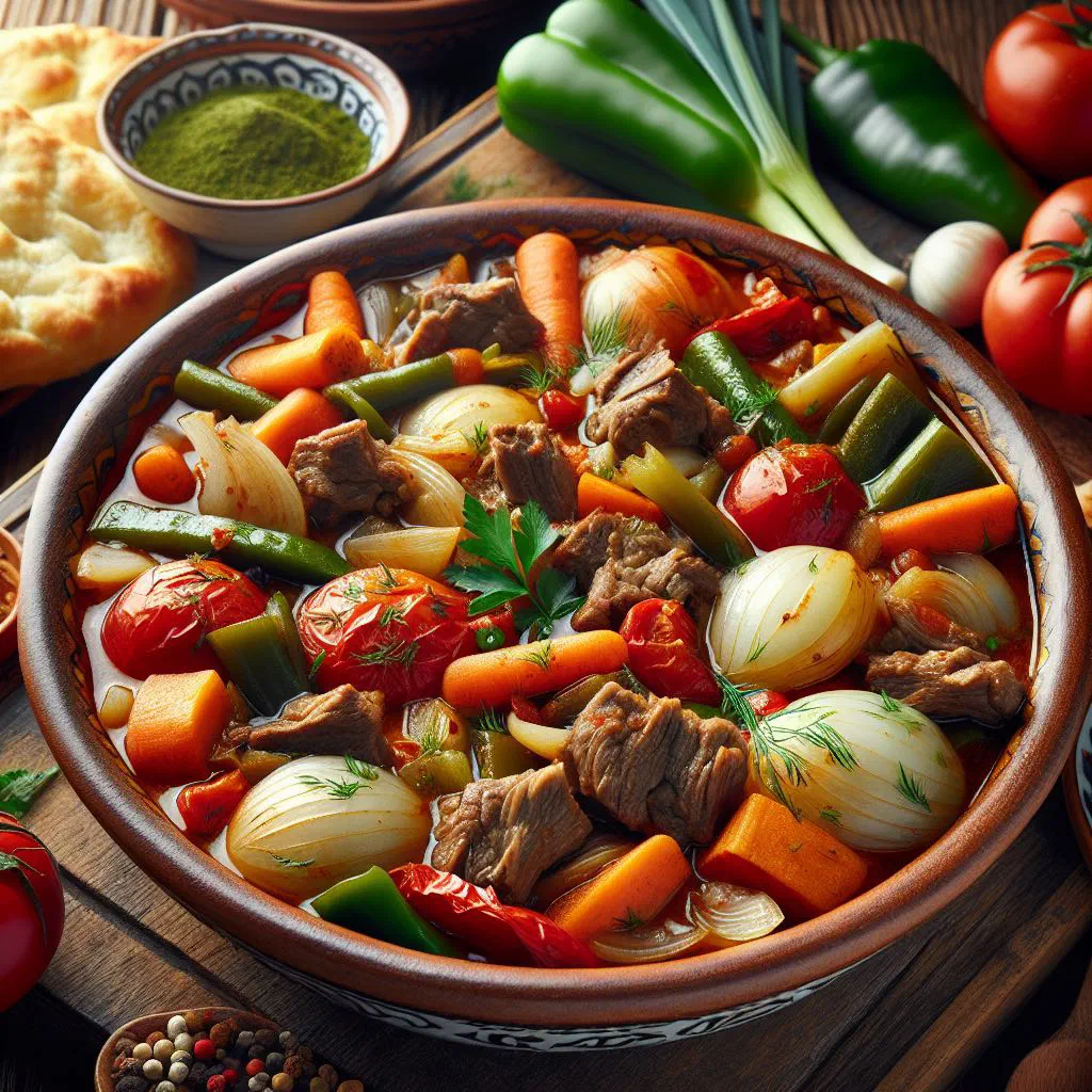 Buglama, a Turkmen slow-cooked meat and vegetable stew served in a pot