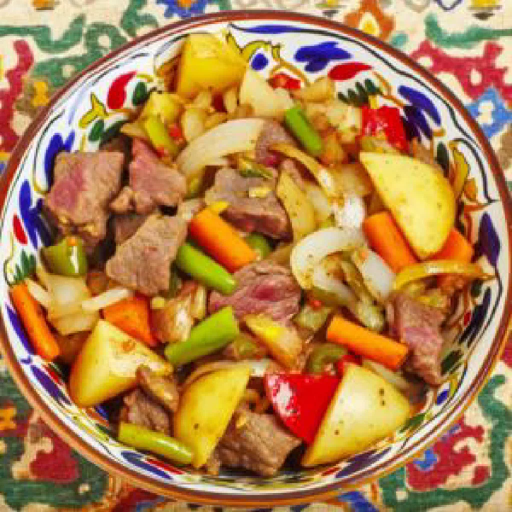 Chekdirme stew of tender meat and vegetables garnished with fresh herbs