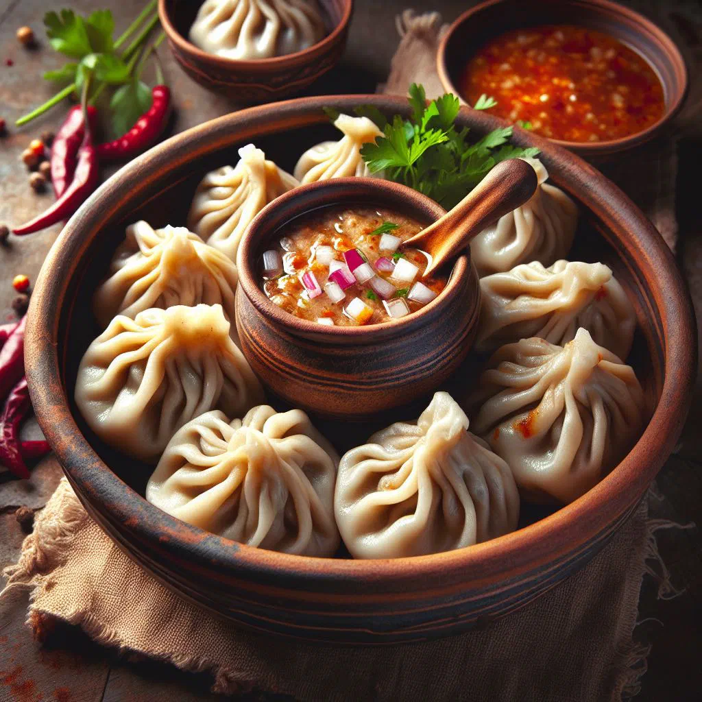 Steamed Churek Manty dumplings garnished with fresh parsley