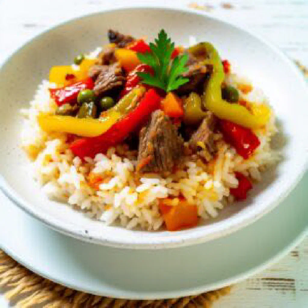 Dagdan with tender meat, spiced rice and fresh vegetables in a bowl