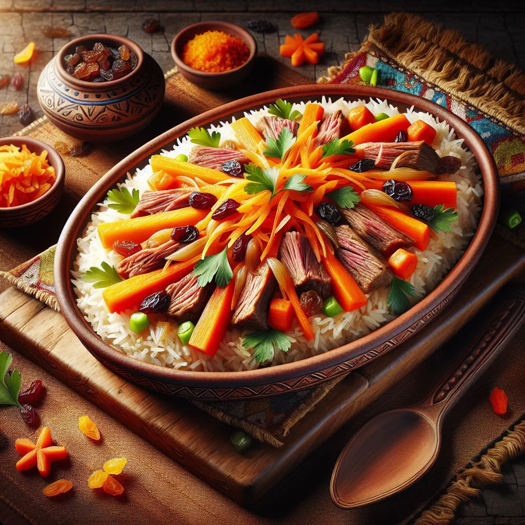Etli palaw with tender meat, rice and carrots on a platter