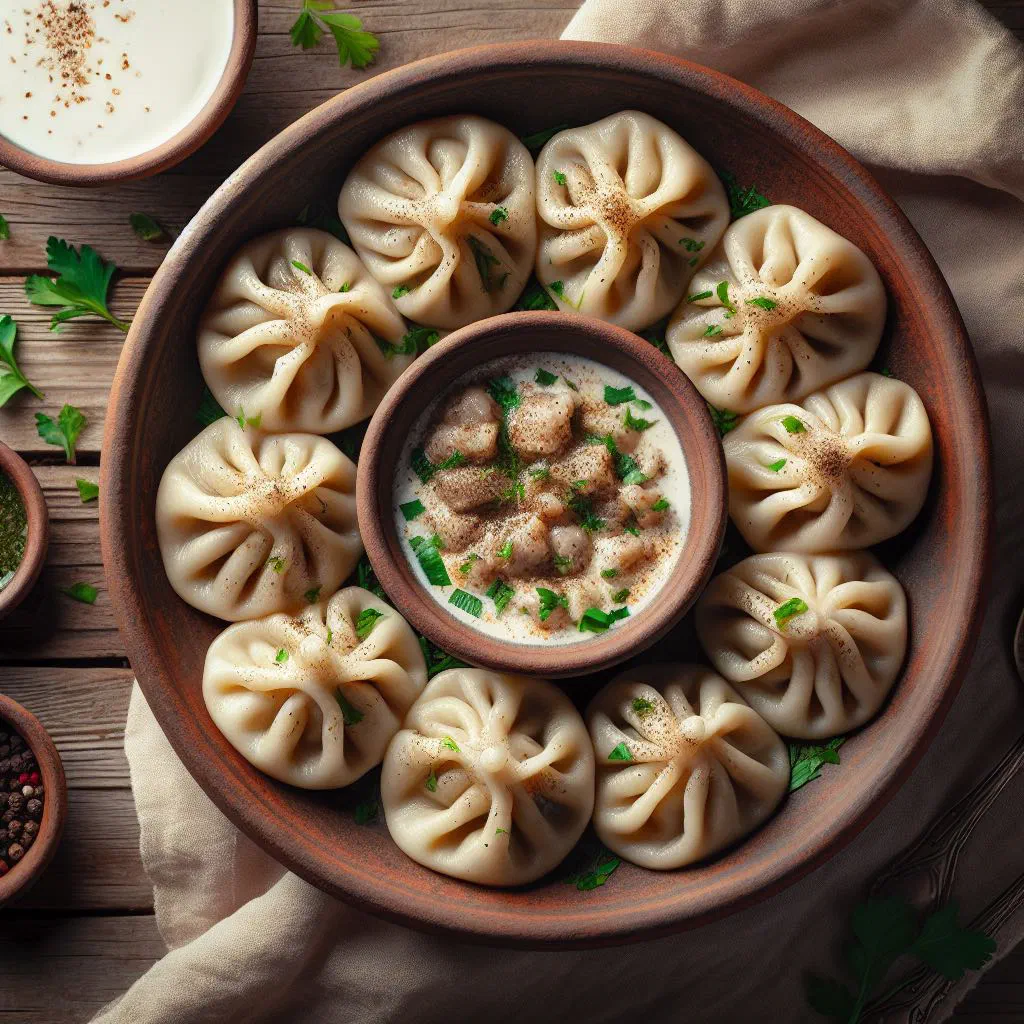 Steamed Govurma Manti dumplings filled with spiced meat, served on a plate