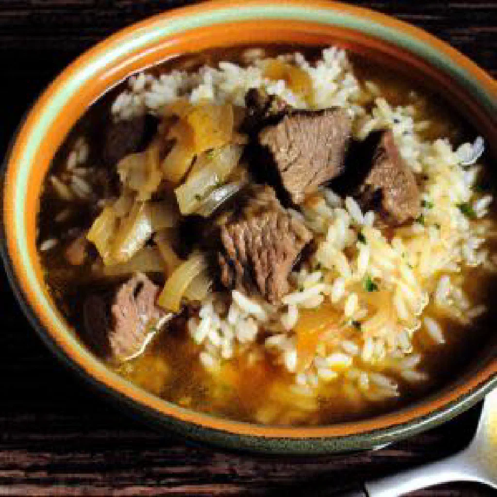 Bowl of gurysh with rice, tender meat and carrots
