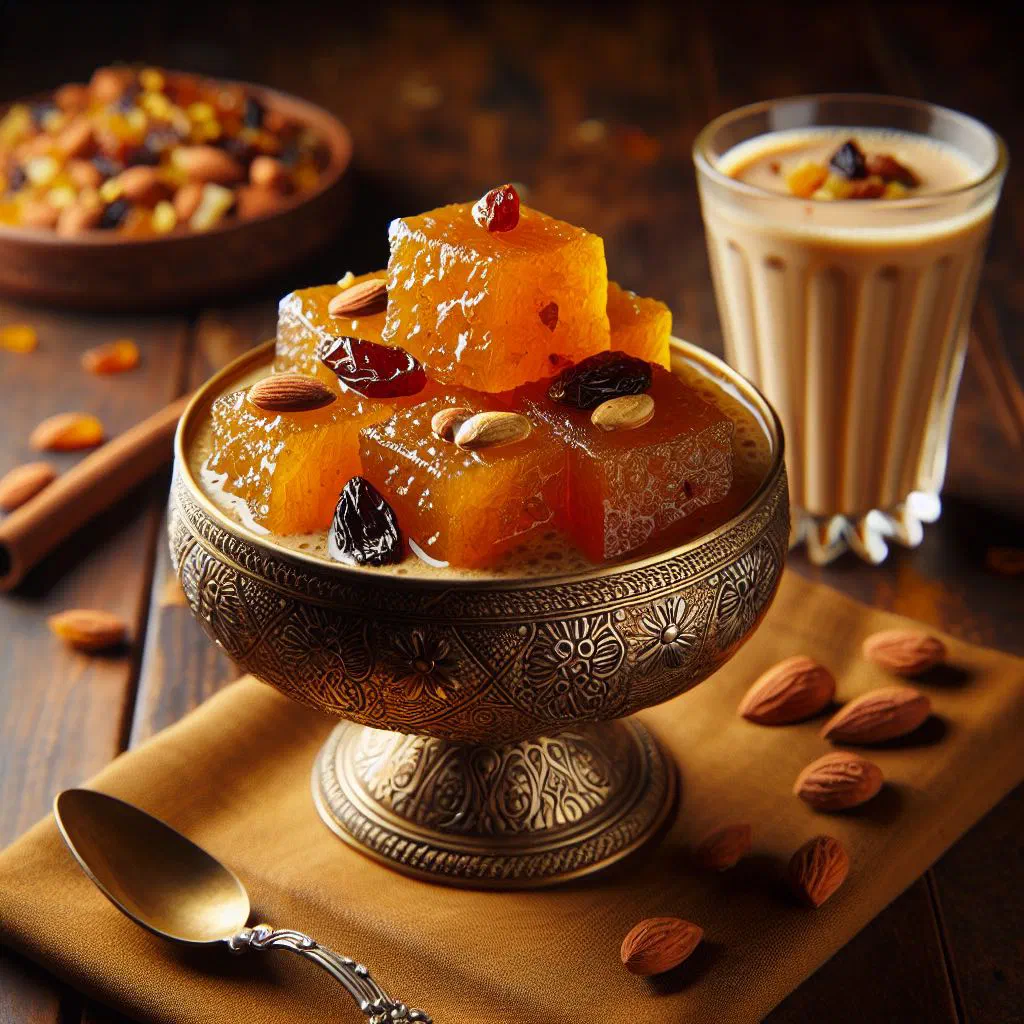 A bowl of golden semolina halwa topped with chopped nuts