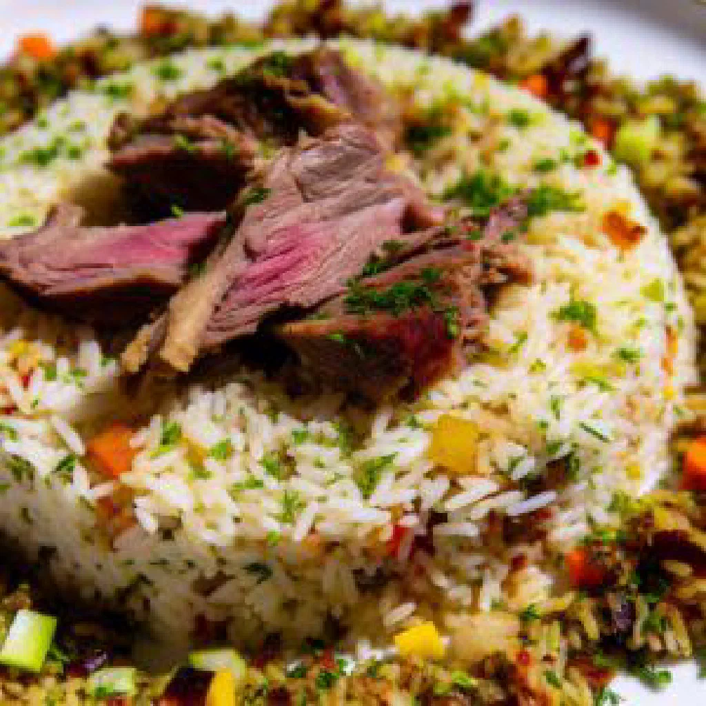 Kesir with rice, lamb and grated carrots garnished with fresh herbs