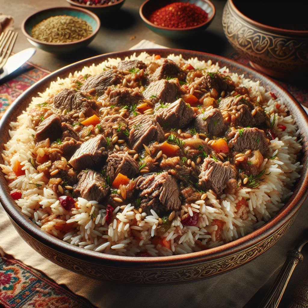 Kovurma Palaw rice with tender lamb and carrots in a serving bowl