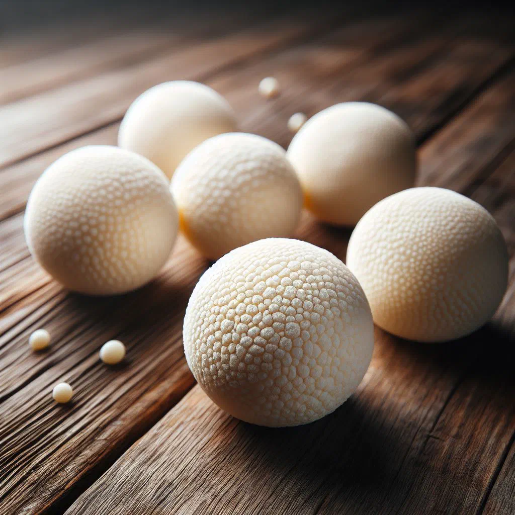 Small round dried yoghurt balls of kurut on a wooden board