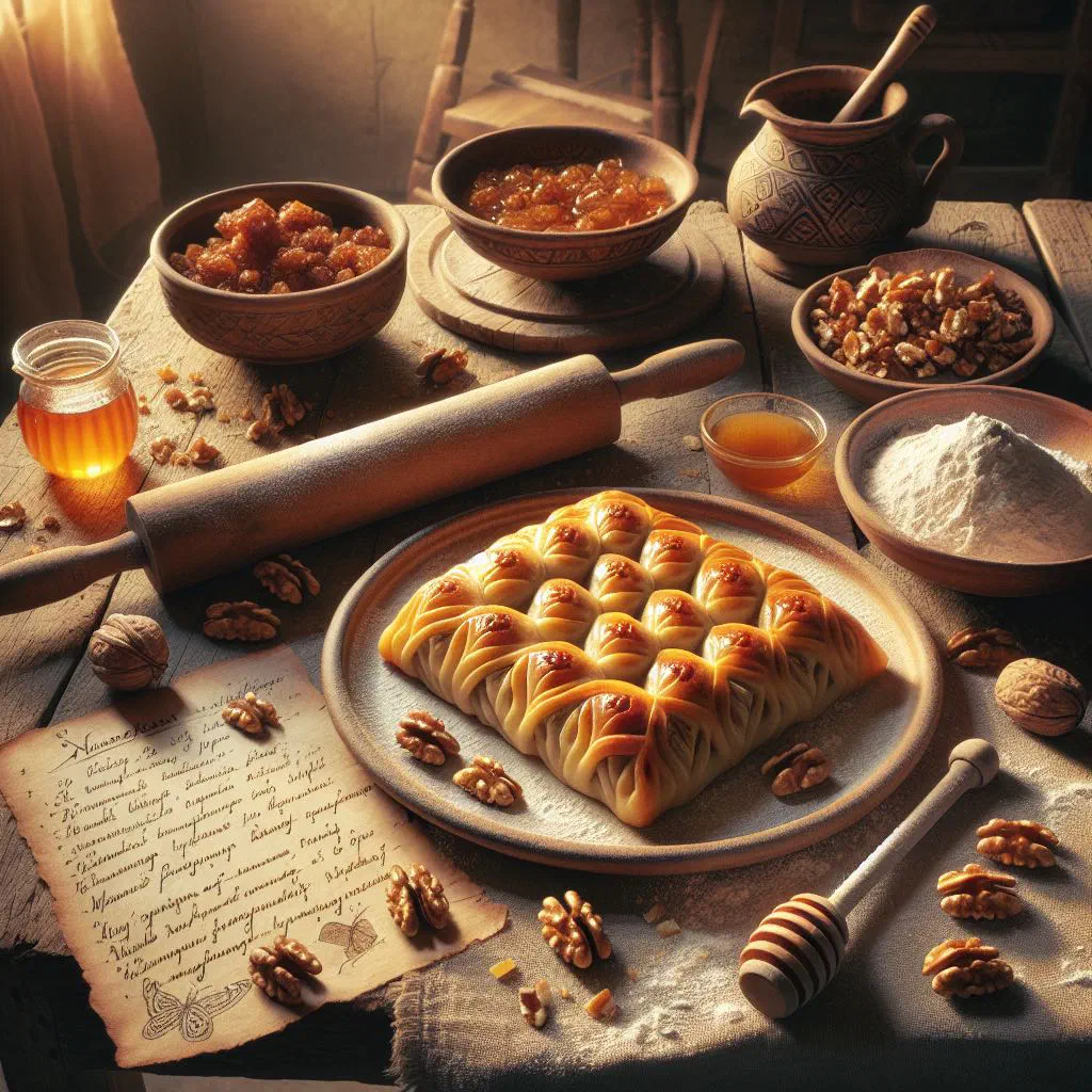 Golden diamond-cut pahlava layered with nuts and glazed with honey