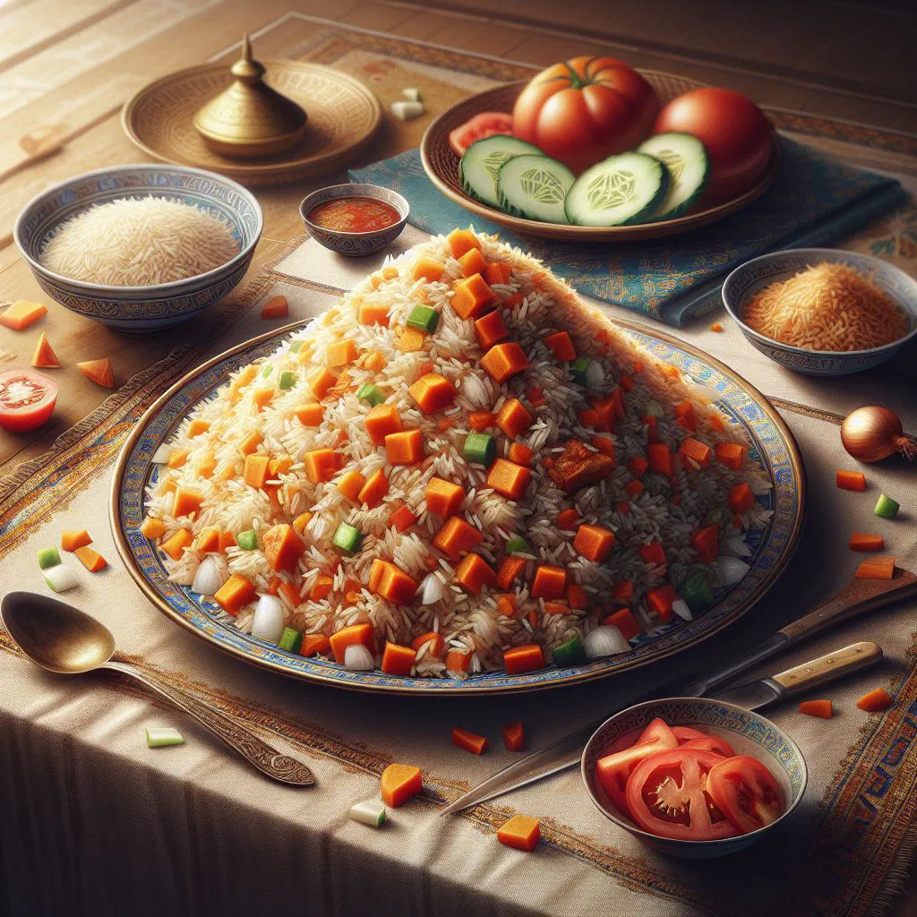 A steaming plate of Turkmen palaw with rice, tender meat and carrots