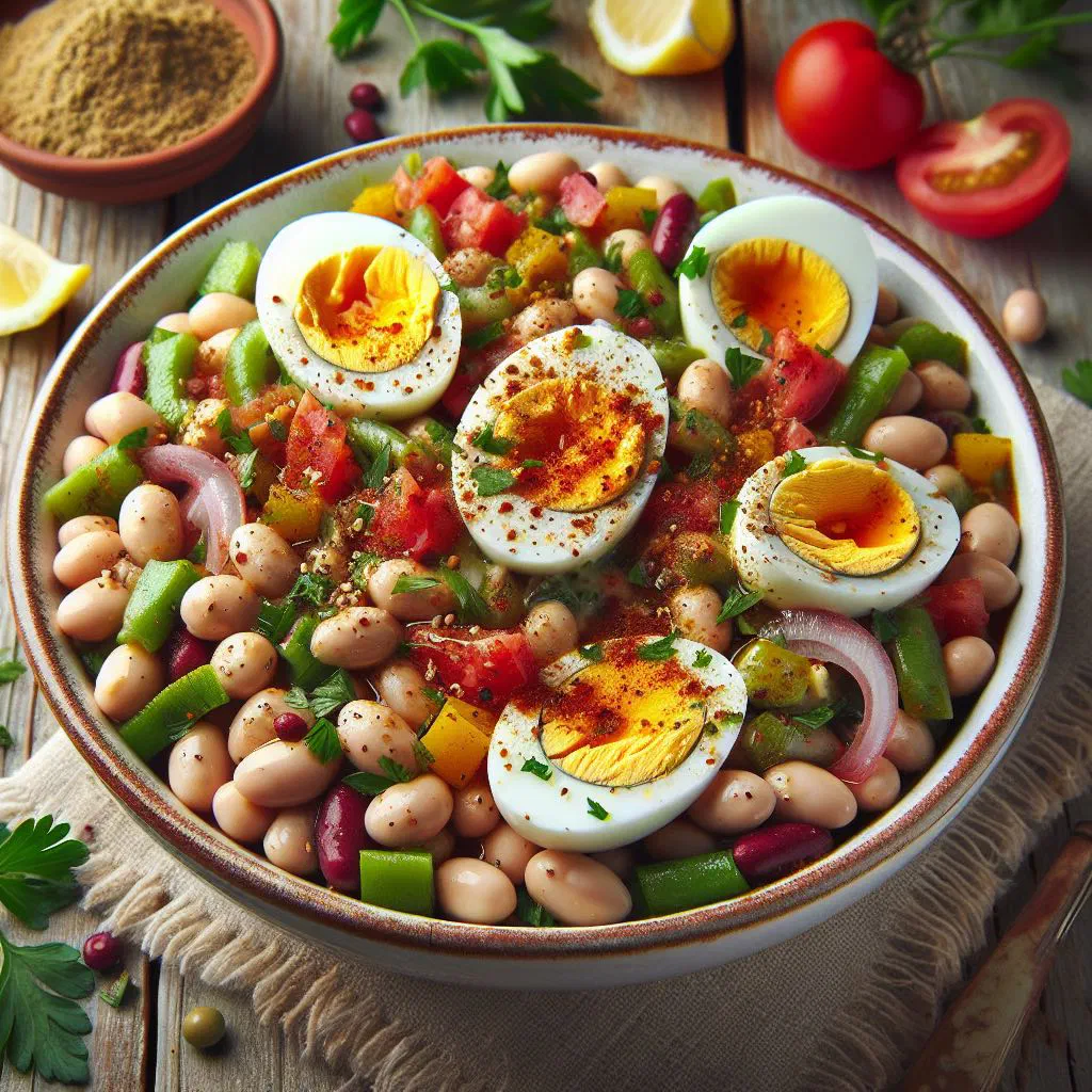 Turkmen piyaz bean salad with onions and fresh herbs
