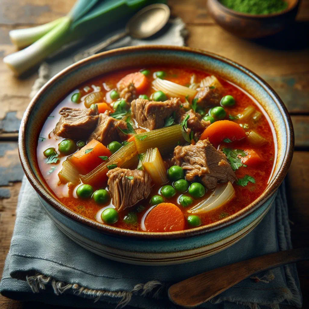 A steaming bowl of Turkmen shorba with tender meat, carrots and potatoes